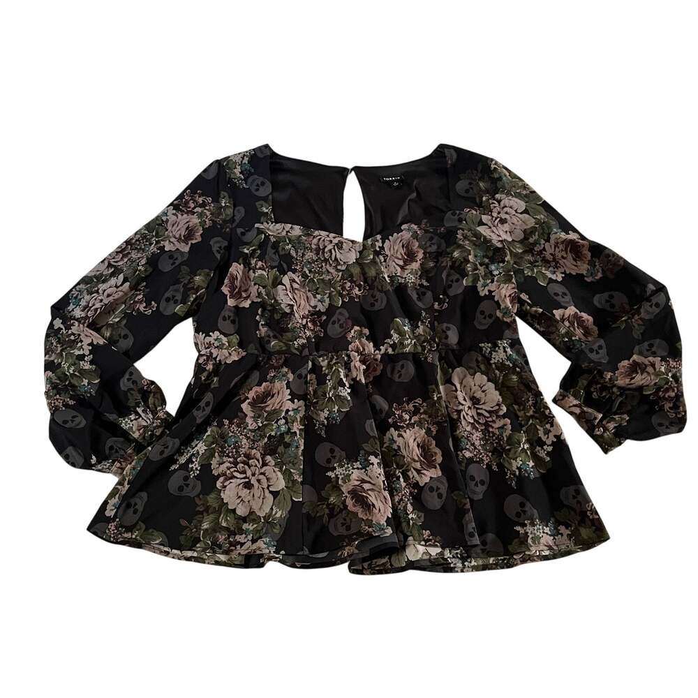 Torrid Black Floral Skull Baby Doll Long Sleeve Blouse Sz 2X Whimsigoth Grunge